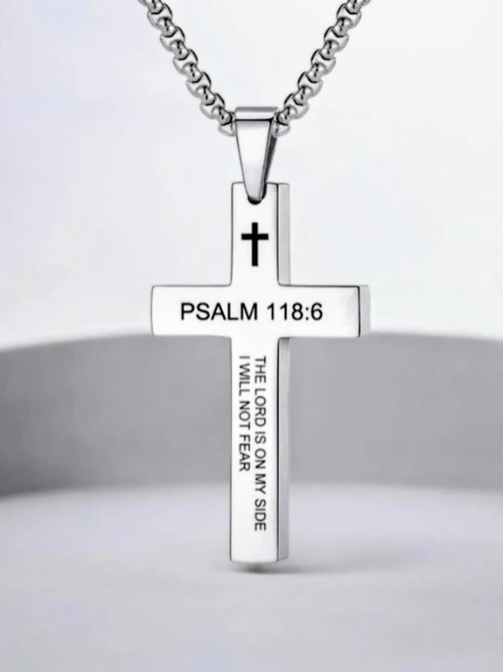 Psalm 118:6 Stainless Steel Cross Pendant Necklace - Silver